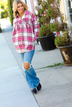 Load image into Gallery viewer, Magenta Plaid Fringe Button Down Shacket