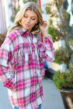 Load image into Gallery viewer, Magenta Plaid Fringe Button Down Shacket