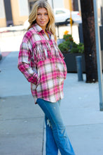 Load image into Gallery viewer, Magenta Plaid Fringe Button Down Shacket