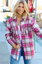 Load image into Gallery viewer, Magenta Plaid Fringe Button Down Shacket