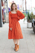 Load image into Gallery viewer, Keep You Close Rust Smocking Ditsy Floral Woven Dress