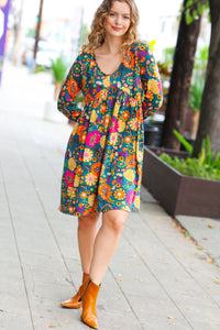 All About It Teal Vibrant Floral Pocketed Dress