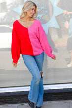 Load image into Gallery viewer, Red Fuchsia Half &amp; Half V Neck Sweater
