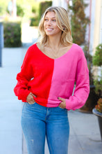 Load image into Gallery viewer, Red Fuchsia Half &amp; Half V Neck Sweater