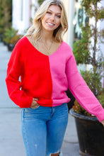Load image into Gallery viewer, Red Fuchsia Half &amp; Half V Neck Sweater