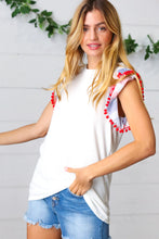 Load image into Gallery viewer, Patriotic Pom Pom Lace Flutter Sleeve Top