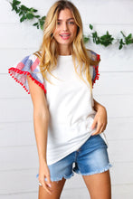 Load image into Gallery viewer, Patriotic Pom Pom Lace Flutter Sleeve Top