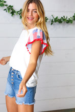 Load image into Gallery viewer, Patriotic Pom Pom Lace Flutter Sleeve Top