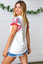Load image into Gallery viewer, Patriotic Pom Pom Lace Flutter Sleeve Top
