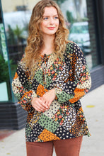 Load image into Gallery viewer, Get To Know You Black/Olive Floral Patchwork Keyhole Tie Top