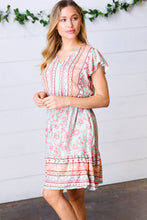 Load image into Gallery viewer, Sage Boho Floral Button Detail V Neck Ruffle Dress