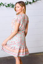 Load image into Gallery viewer, Sage Boho Floral Button Detail V Neck Ruffle Dress