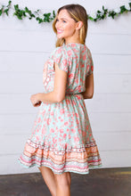 Load image into Gallery viewer, Sage Boho Floral Button Detail V Neck Ruffle Dress