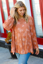 Load image into Gallery viewer, Rust Boho Crinkle Floral Button Back Tiered Top