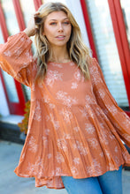 Load image into Gallery viewer, Rust Boho Crinkle Floral Button Back Tiered Top