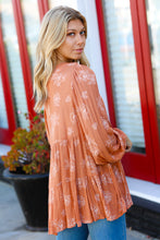 Load image into Gallery viewer, Rust Boho Crinkle Floral Button Back Tiered Top
