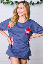 Load image into Gallery viewer, Denim Blue Plaid Star Patch Cotton Blend Top