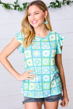 Load image into Gallery viewer, Green &amp; Blue Flower Print Flutter Sleeve Top