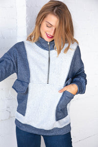 Cotton French Terry Zip Up Color Block Pullover