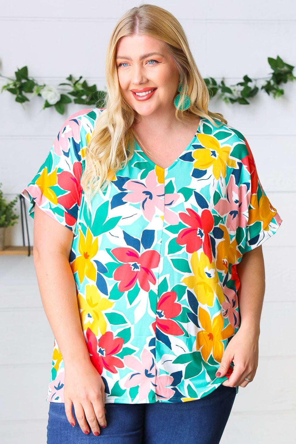 Teal & Coral Flat Floral V Neck Top