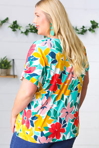 Teal & Coral Flat Floral V Neck Top