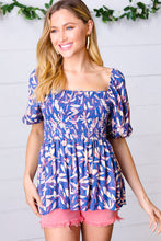 Load image into Gallery viewer, Blue &amp; Pink Floral Square Neck Crinkle Smocked Top