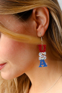 Patriotic USA Glitter Tiered Resin Earrings