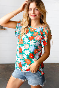 Jade Green Flower Power Double Ruffle Sleeve Top