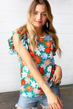 Load image into Gallery viewer, Jade Green Flower Power Double Ruffle Sleeve Top
