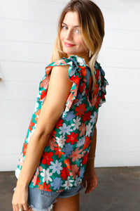 Jade Green Flower Power Double Ruffle Sleeve Top