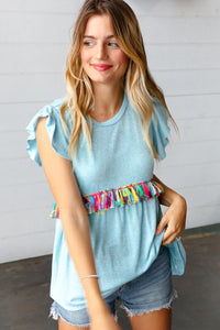 Sky Blue Two Tone Babydoll Fringe Tassel Top