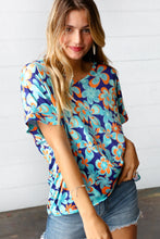 Load image into Gallery viewer, Blue &amp; Orange Retro Floral V Neck Top