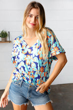 Load image into Gallery viewer, Blue &amp; Orange Retro Floral V Neck Top