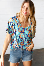 Load image into Gallery viewer, Blue &amp; Orange Retro Floral V Neck Top
