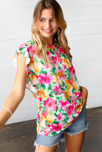 Load image into Gallery viewer, Pink &amp; Green Watercolor Floral Ruffle Sleeve Top