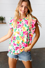 Load image into Gallery viewer, Pink &amp; Green Watercolor Floral Ruffle Sleeve Top