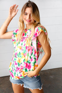Pink & Green Watercolor Floral Ruffle Sleeve Top
