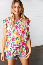 Load image into Gallery viewer, Pink &amp; Green Watercolor Floral Ruffle Sleeve Top