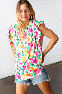 Pink & Green Watercolor Floral Ruffle Sleeve Top