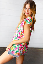 Load image into Gallery viewer, Pink &amp; Green Watercolor Floral Ruffle Sleeve Top