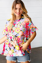 Load image into Gallery viewer, Yellow &amp; Fuchsia Retro Floral Babydoll Top