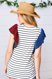 Red & Blue Flutter Sleeve Striped Top