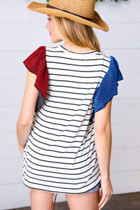 Red & Blue Flutter Sleeve Striped Top