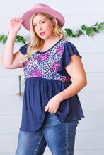 Load image into Gallery viewer, Navy Floral Yoke Babydoll Rib Flutter Sleeve Top