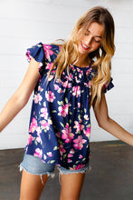 Load image into Gallery viewer, Navy &amp; Pink Floral Print Frilled Short Sleeve Yoke Top