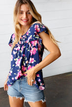 Load image into Gallery viewer, Navy &amp; Pink Floral Print Frilled Short Sleeve Yoke Top
