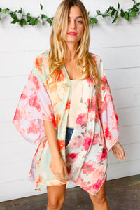 Lavender & Sage Colorblock Floral Print Chiffon Kimono