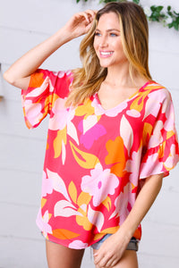 Peach & Pink Floral Dolman Ruffle Frill Sleeve Blouse
