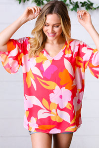 Peach & Pink Floral Dolman Ruffle Frill Sleeve Blouse