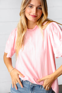 Soft Pink Mock Neck Embroidered Woven Top